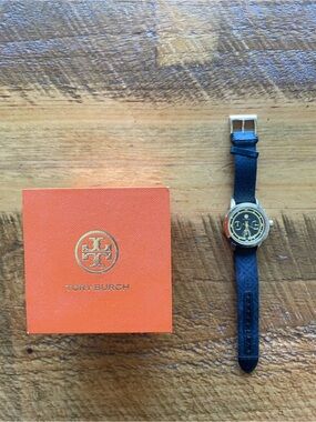 Tory Burch Black and Gold Logo Chronograph Watch